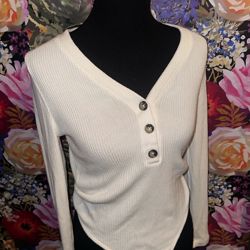 Cream Ribbed Button-Up Top